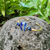 Lapis Gemstone (Three Stone) Gold Bangle Cuff Bracelet